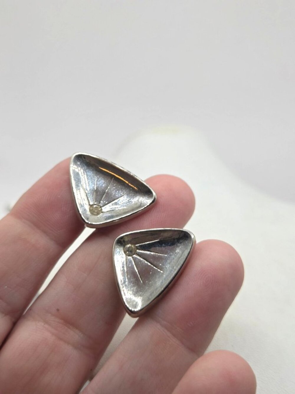 Vintage Modernist Sterling Silver Triangle Cufflinks With Starburst Design For M